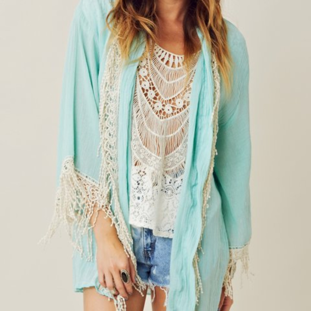 Jen's Pirate Booty *Kyoto* crochet lace fringe kimono top OS *RARE*